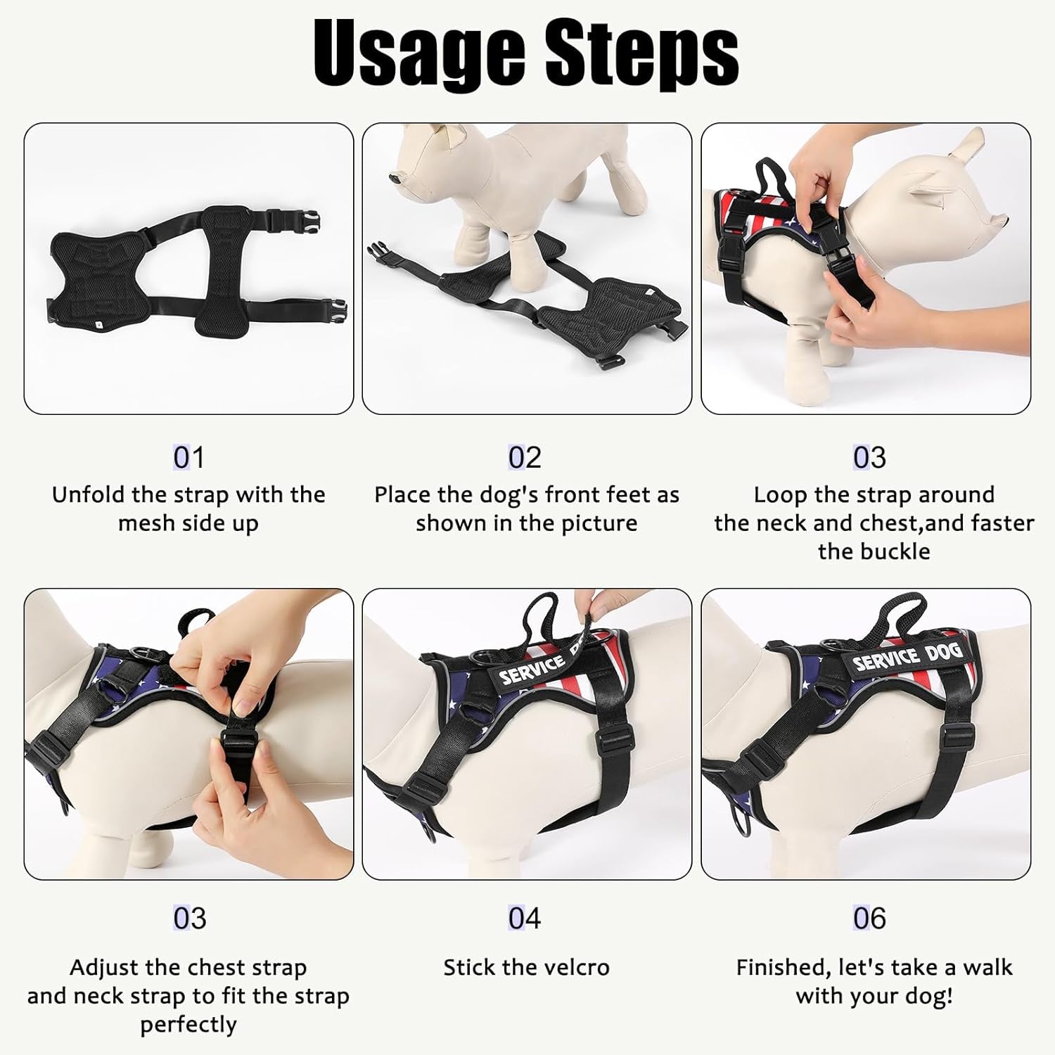 Service Dog Harness, Reflective Dog Vest Harness with 5 PCS Patches, Adjustable Soft Oxford Pet Harness, Inner Layer Mesh, Easy to Control for Dogs (USFLAG, Small (Pack of 1))