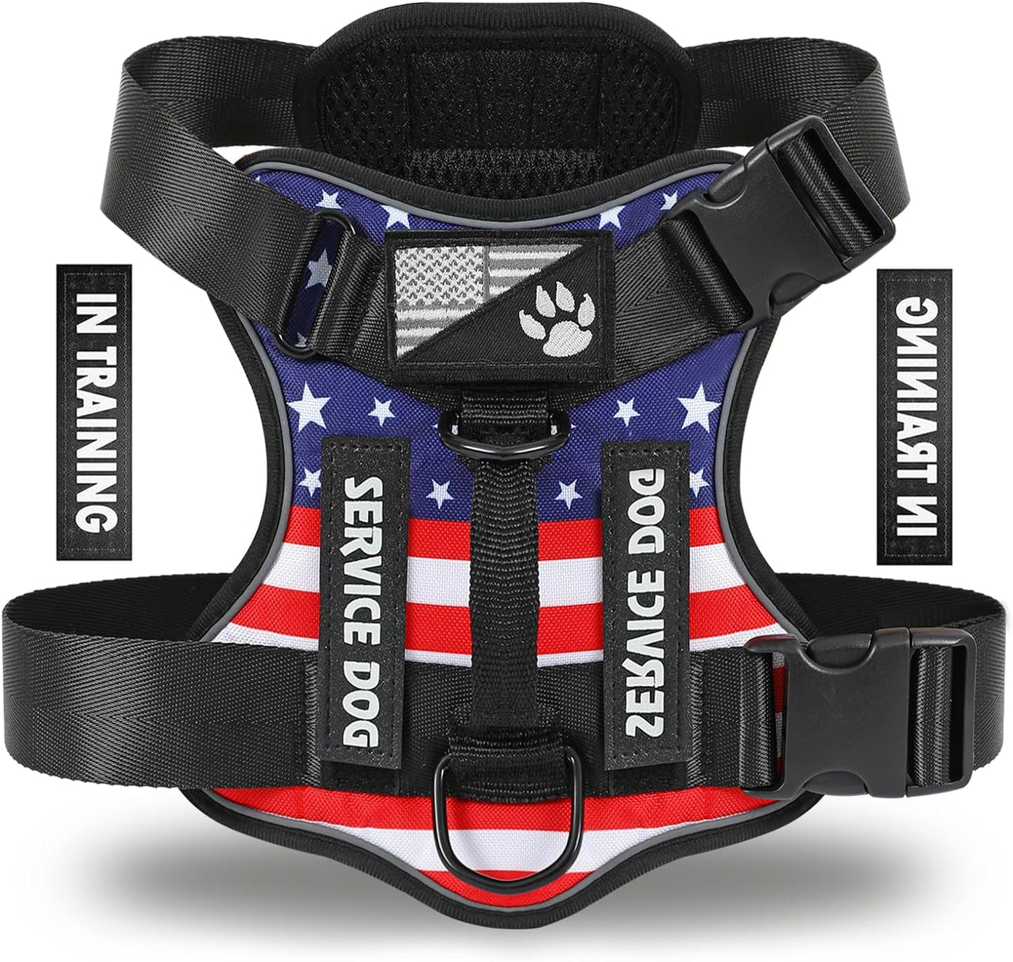 Service Dog Harness, Reflective Dog Vest Harness with 5 PCS Patches, Adjustable Soft Oxford Pet Harness, Inner Layer Mesh, Easy to Control for Dogs (USFLAG, Small (Pack of 1))