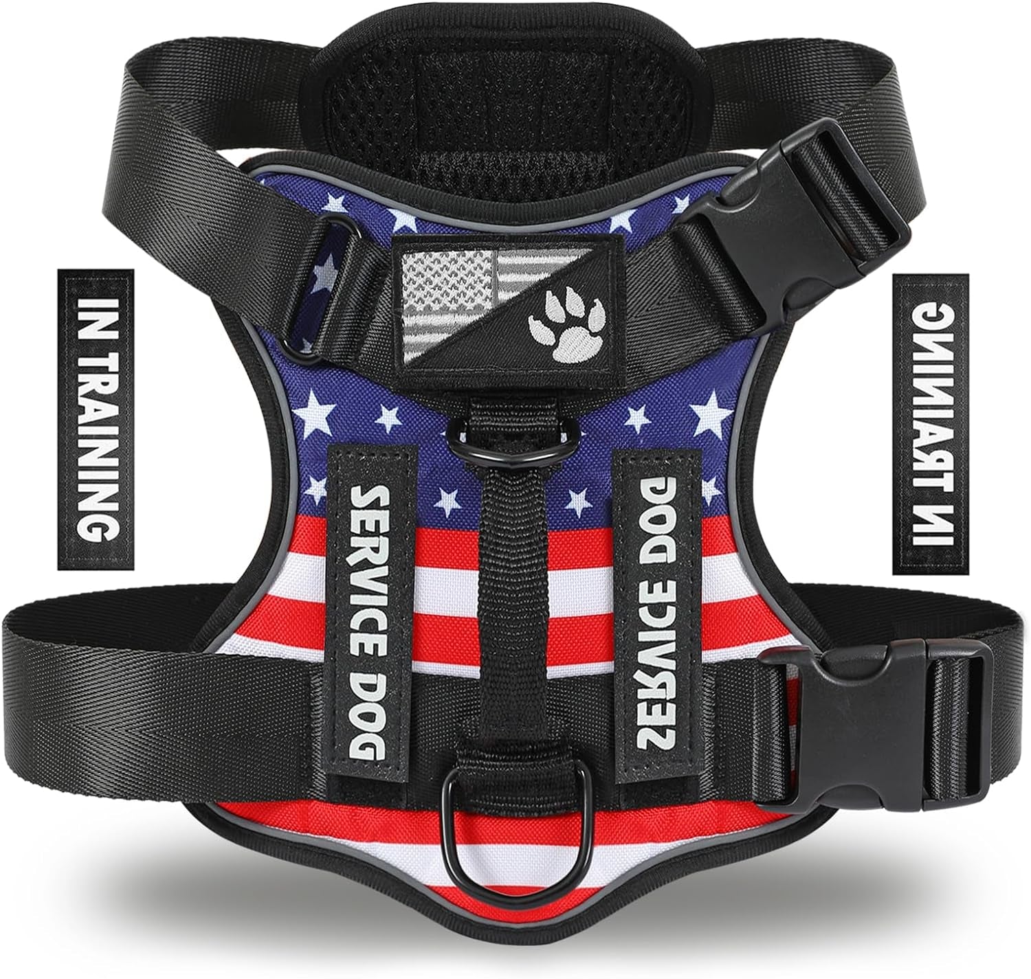 Service Dog Harness, Reflective Dog Vest Harness with 5 PCS Patches, Adjustable Soft Oxford Pet Harness, Inner Layer Mesh, Easy to Control for Dogs (USFLAG, Small (Pack of 1))