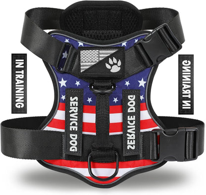 Service Dog Harness, Reflective Dog Vest Harness with 5 PCS Patches, Adjustable Soft Oxford Pet Harness, Inner Layer Mesh, Easy to Control for Dogs (USFLAG, Small (Pack of 1))