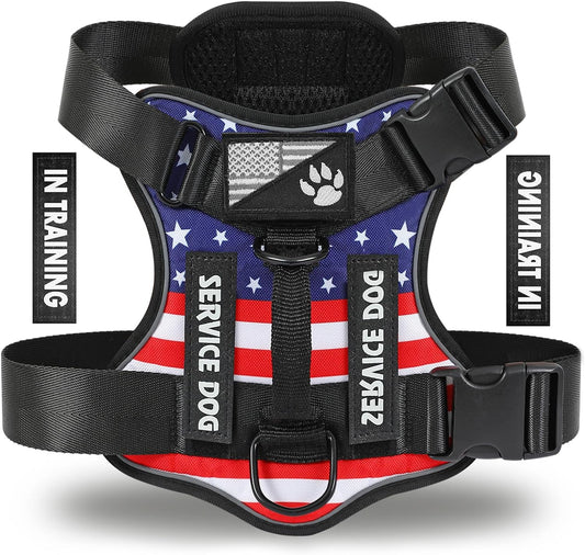 Service Dog Harness, Reflective Dog Vest Harness with 5 PCS Patches, Adjustable Soft Oxford Pet Harness, Inner Layer Mesh, Easy to Control for Dogs (USFLAG, Small (Pack of 1))