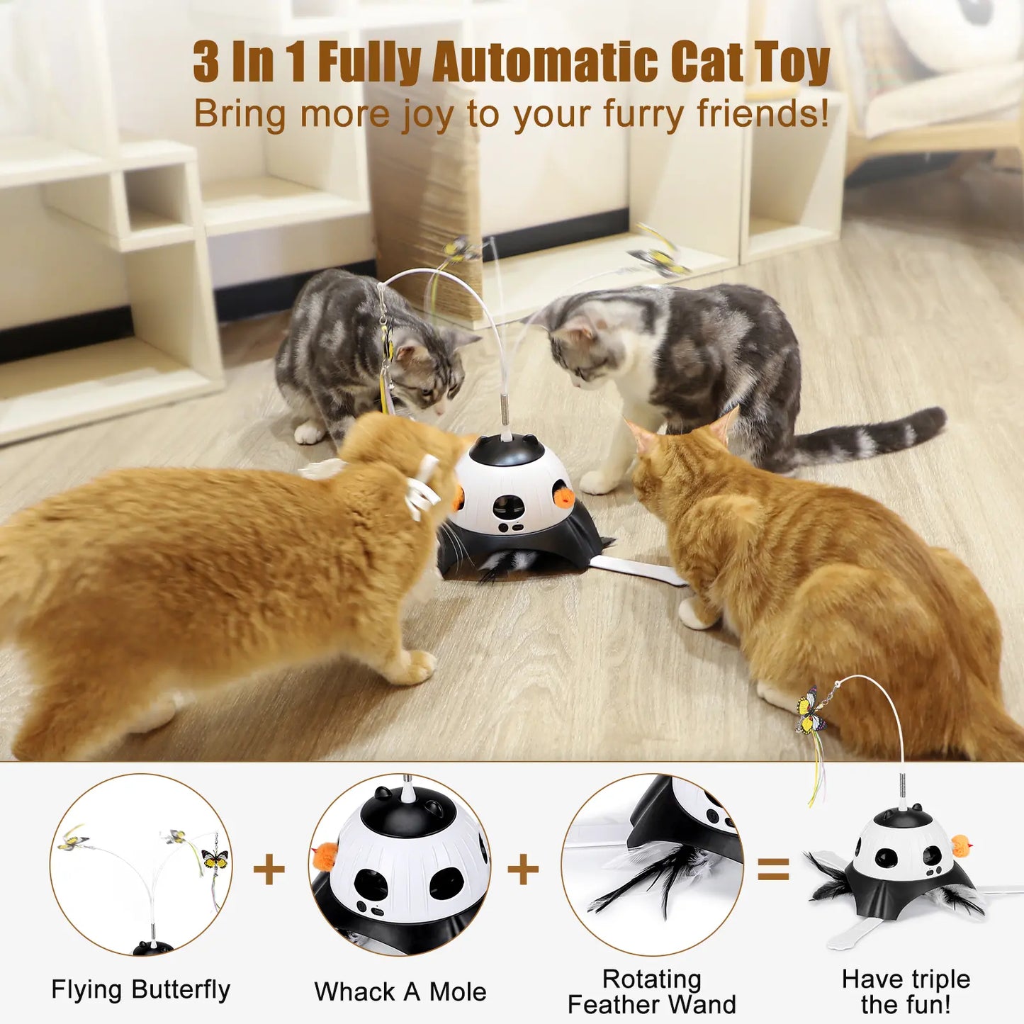 3 in 1 Kitten Toys Automatic Interactive Cat Toy, Fluttering Butterfly, Moving Ambush Feather, Power Supplies, USB Powered,Four Exercise Modes