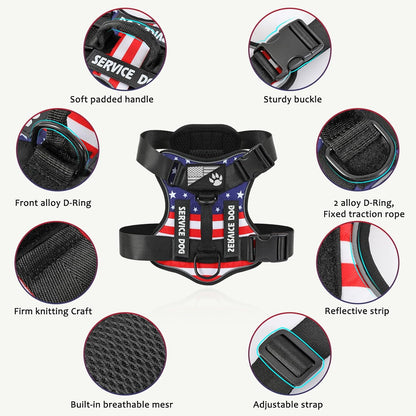 Service Dog Harness, Reflective Dog Vest Harness with 5 PCS Patches, Adjustable Soft Oxford Pet Harness, Inner Layer Mesh, Easy to Control for Dogs (USFLAG, Small (Pack of 1))