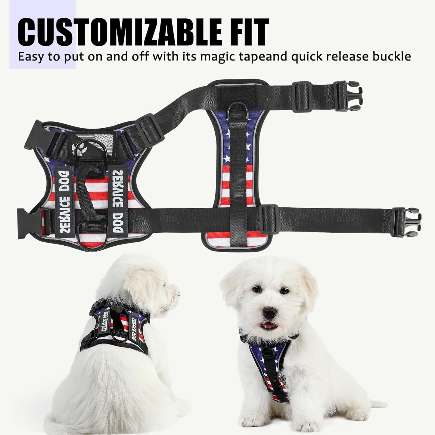 Service Dog Harness, Reflective Dog Vest Harness with 5 PCS Patches, Adjustable Soft Oxford Pet Harness, Inner Layer Mesh, Easy to Control for Dogs (USFLAG, Small (Pack of 1))